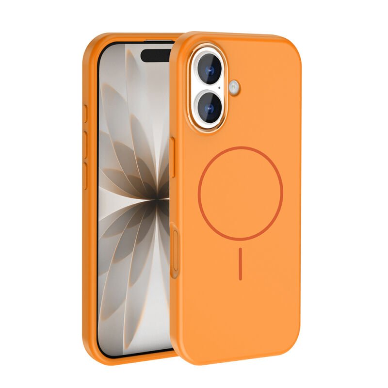 Apple iPhone 17 Kılıf M-Safe Şarj Özellikli Metal Kamera Çerçeveli Zore Edi Silikon Kapak Turuncu