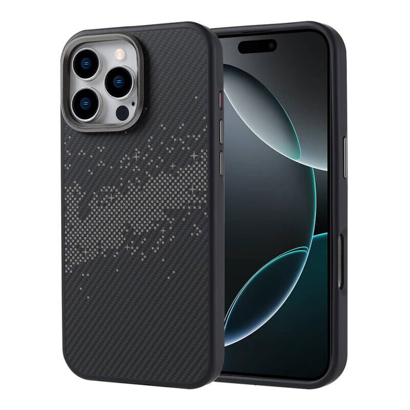 Apple iPhone 16 Pro Max Kılıf M-safe Şarj Özellikli Karbon Fiber Tasarımlı Zore Vave Kapak Gri