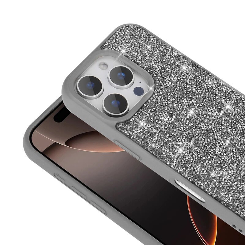 Apple iPhone 16 Pro Kılıf Parlak Taşlı Tasarım Zore Pırlanta Kapak Gri