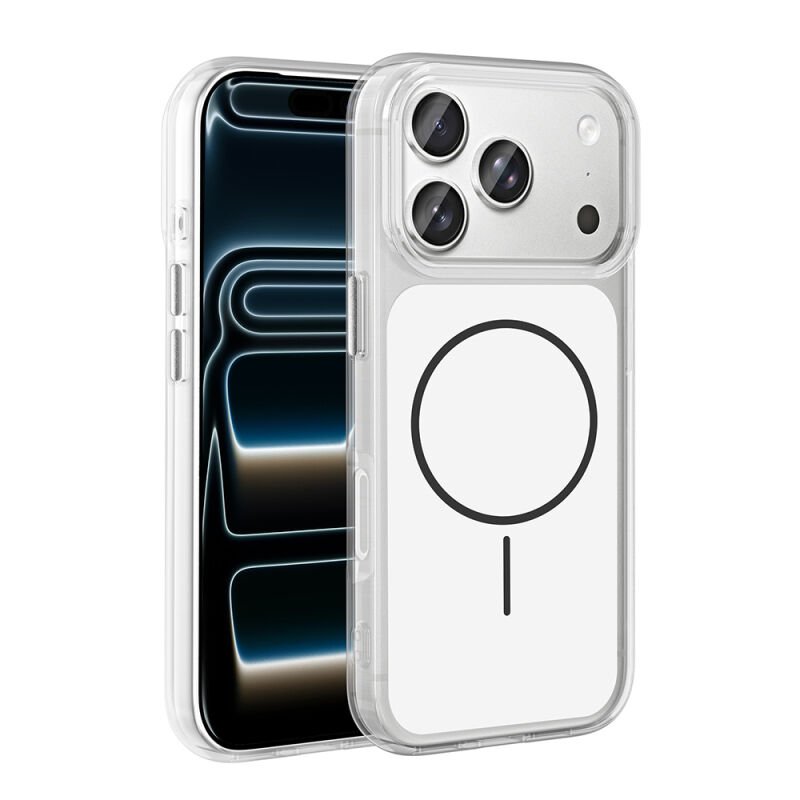 Apple iPhone 17 Pro Kılıf M-Safe Şarj Özellikli Metal Buton Tasarımlı Zore İkonik Sert Silikon Kapak Beyaz