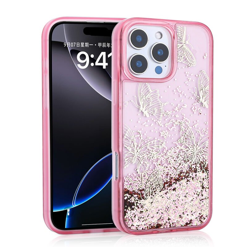 Apple iPhone 16 Pro Kılıf Sıvılı Simli Kelebek Baskılı Şeffaf Arka Yüzey Zore Glis Silikon Kapak Pembe