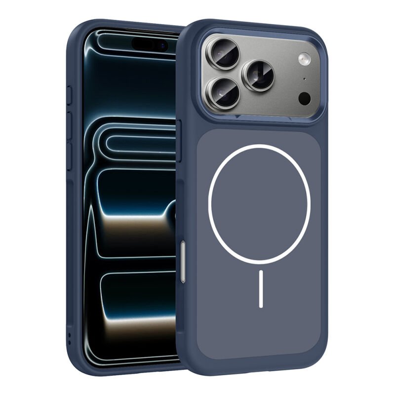 Apple iPhone 17 Pro Max Kılıf M-Safe Şarj Özellikli Metal Kamera Çerçeveli Zore Sanremo Silikon Kapak Lacivert