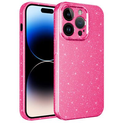 Apple iPhone 14 Pro Max Kılıf Kamera Korumalı Simli Lüks Zore Koton Kapak Koyu Pembe