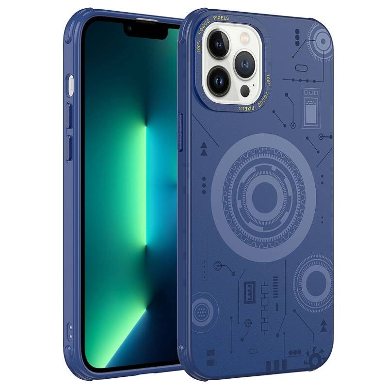 Apple iPhone 13 Pro Max Kılıf Zore Wireless Şarj Özellikli Desenli Hot Kapak Lacivert