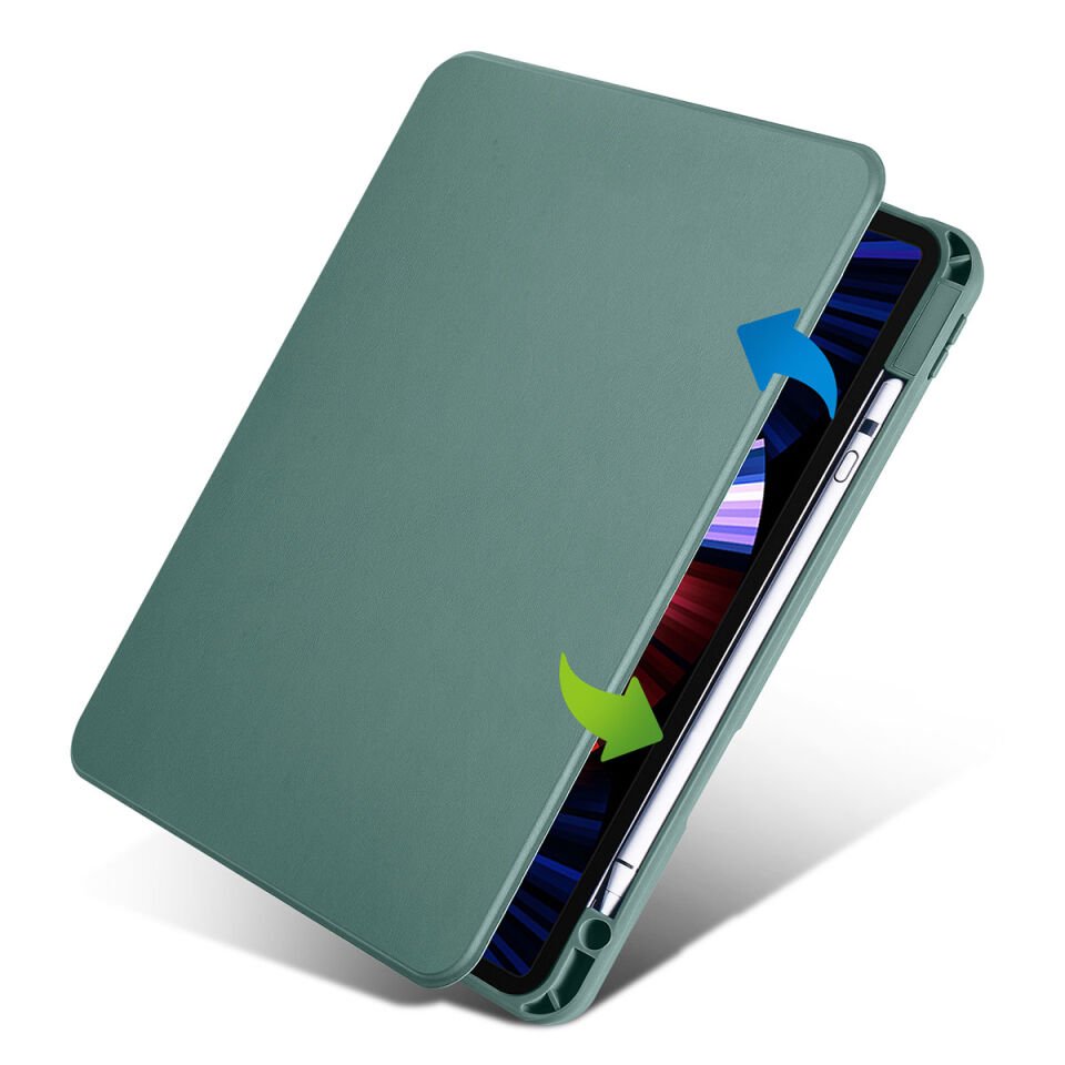 Apple iPad Air 10.9 2020 (4.Nesil) Kılıf Zore Termik Kalem Bölmeli Dönebilen Standlı Kılıf Koyu Yeşil