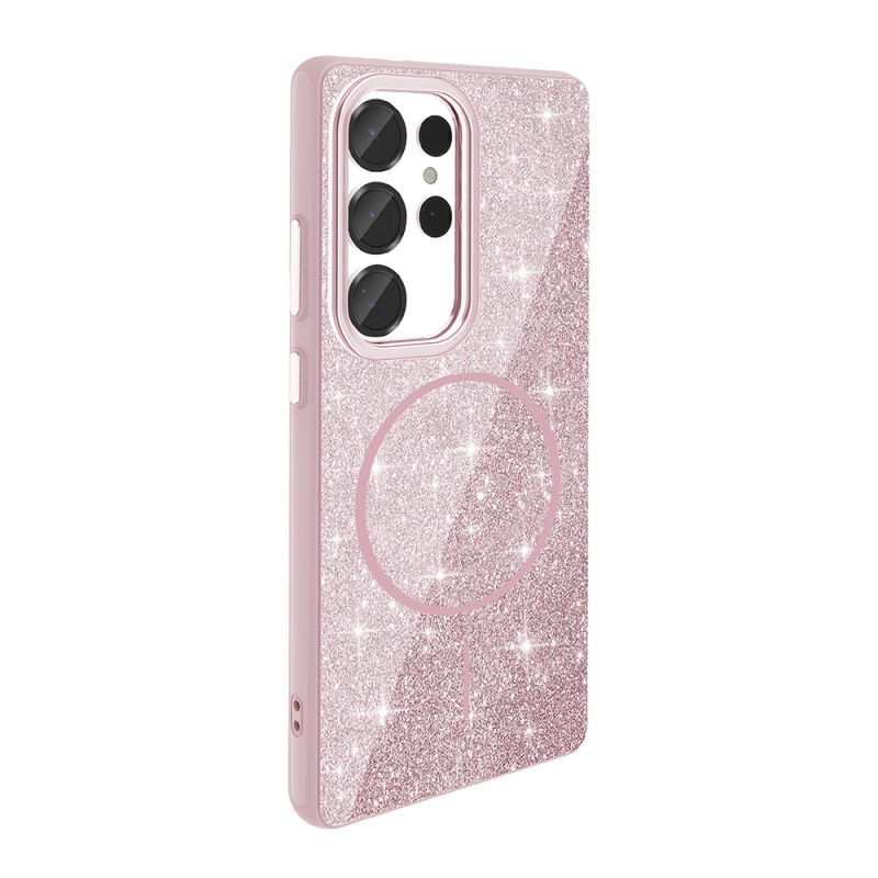 Galaxy S25 Ultra Kılıf M-safe Şarj Özellikli Parlayan Simli Zore Okso Kapak Pembe