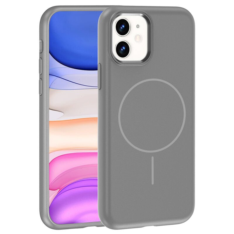 Apple iPhone 11 Kılıf M-Safe Şarj Özellikli Metal Kamera Çerçeveli Zore Edi Silikon Kapak Gri