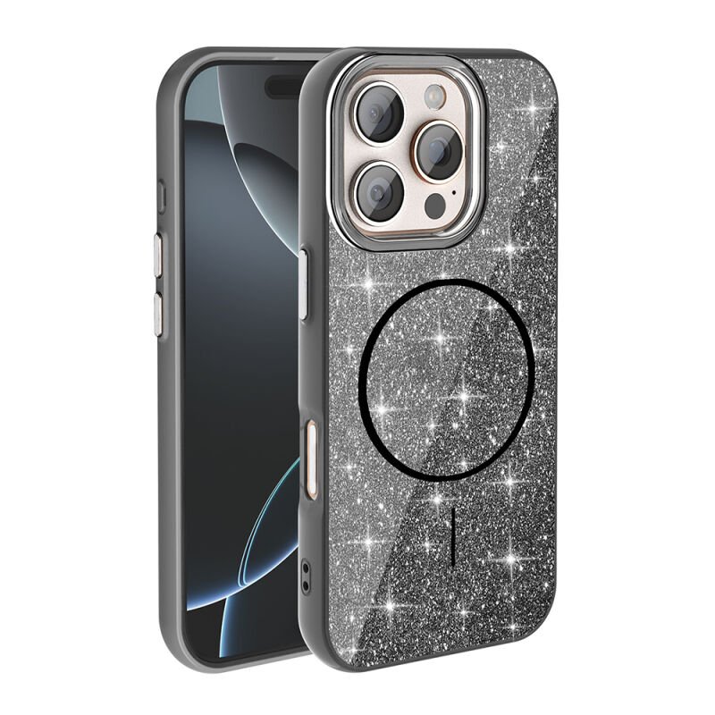 Apple iPhone 16 Pro Kılıf M-safe Şarj Özellikli Parlayan Simli Zore Okso Kapak
