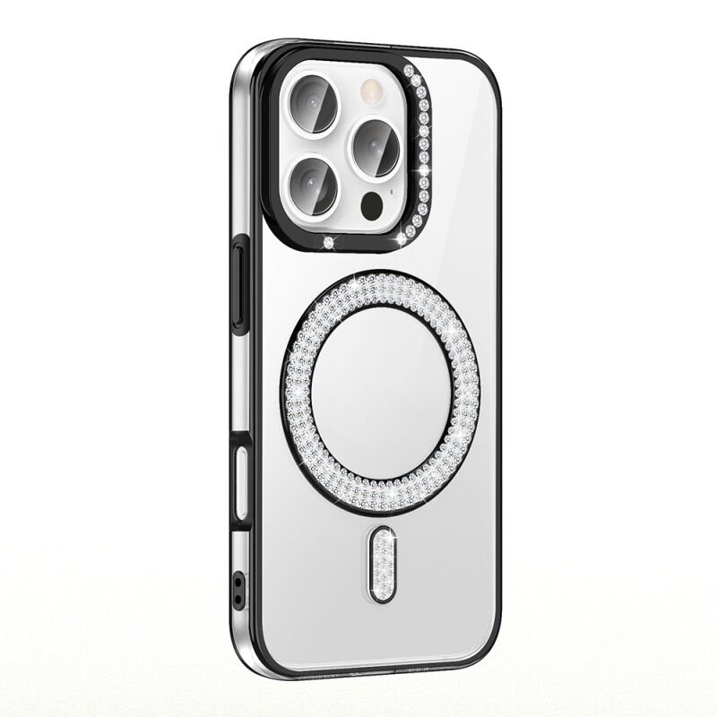 Apple iPhone 16 Pro Kılıf Pırlanta Taş Tasarımlı M-safe Şarj Özellikli Zore Karetta Silikon Kapak Siyah