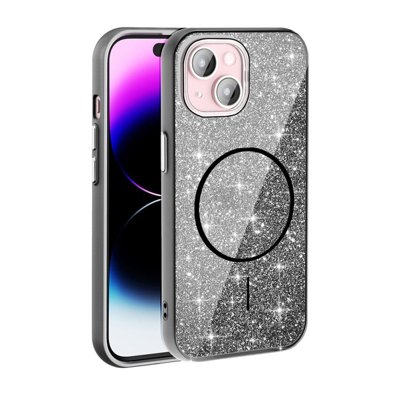 Apple iPhone 15 Kılıf M-safe Şarj Özellikli Parlayan Simli Zore Okso Kapak