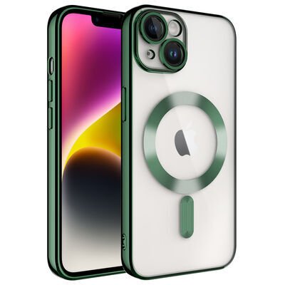 Apple iPhone 13 Kılıf Kamera Korumalı M-safe Wireless Şarj Özellikli Zore Demre Kapak Koyu Yeşil