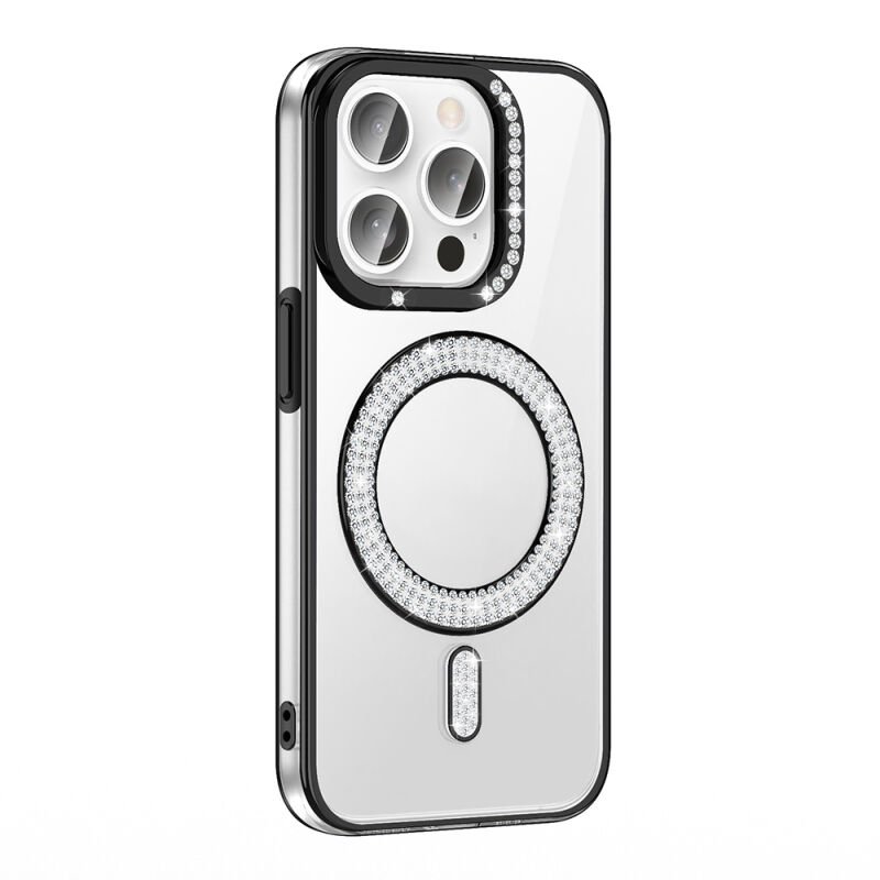 Apple iPhone 14 Pro Max Kılıf Pırlanta Taş Tasarımlı M-safe Şarj Özellikli Zore Karetta Silikon Kapak Siyah
