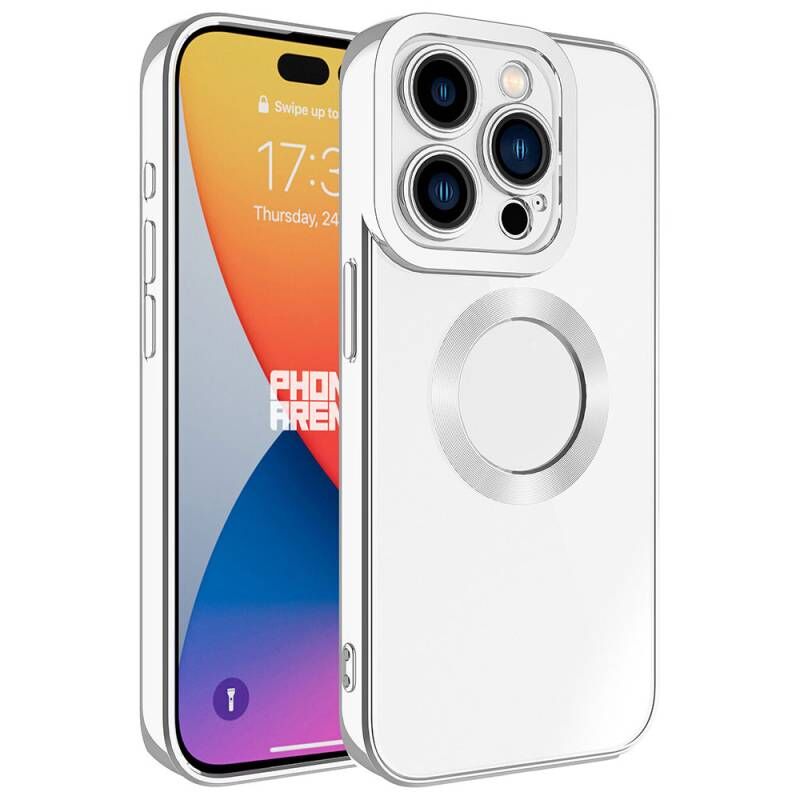 Apple iPhone 15 Pro Kılıf Kamera Korumalı Logo Gösteren Zore Omega Kapak Gümüş