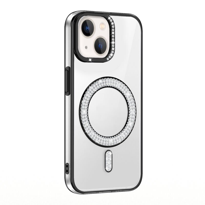 Apple iPhone 13 Kılıf Pırlanta Taş Tasarımlı M-safe Şarj Özellikli Zore Karetta Silikon Kapak Siyah
