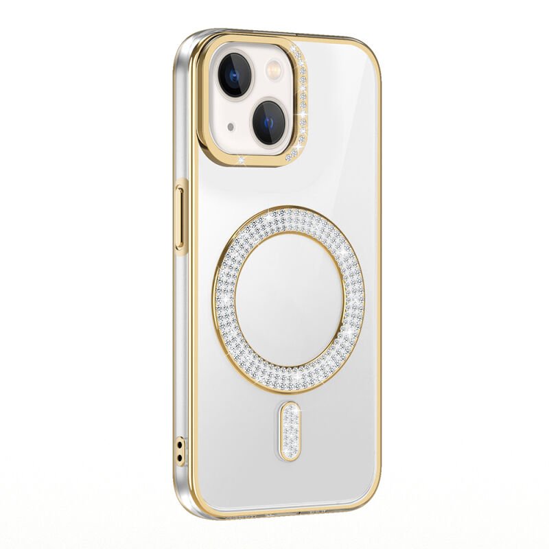 Apple iPhone 13 Kılıf Pırlanta Taş Tasarımlı M-safe Şarj Özellikli Zore Karetta Silikon Kapak Gold