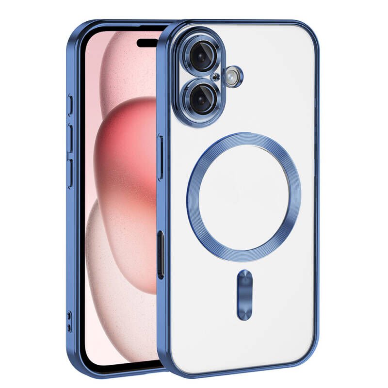 Apple iPhone 16 Kılıf Kamera Korumalı M-safe Wireless Şarj Özellikli Zore Demre Kapak Mavi