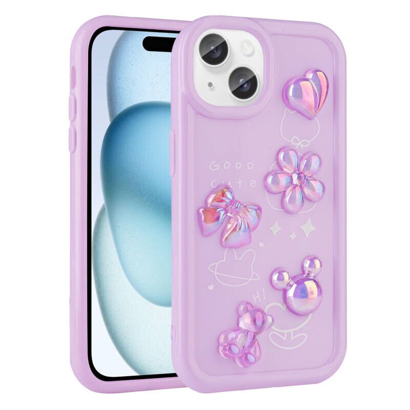 Apple iPhone 15 Kılıf Kabartma Figürlü Parlak Zore Toys Silikon Kapak Mor
