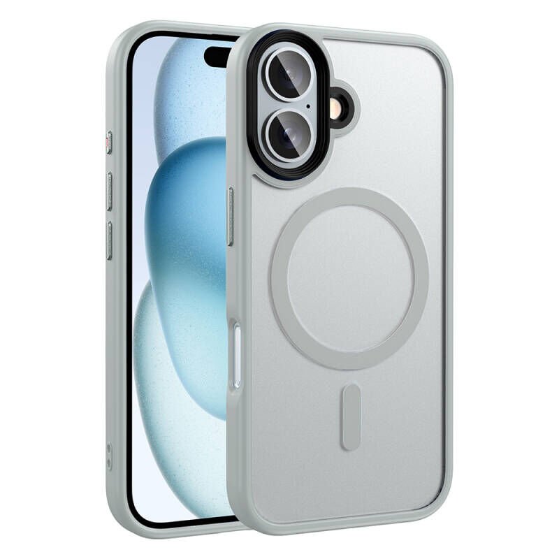 Apple iPhone 16 Kılıf Mat Arka Yüzey Wireless Şarj Özellikli Zore Flet M-safe Kapak Gümüş