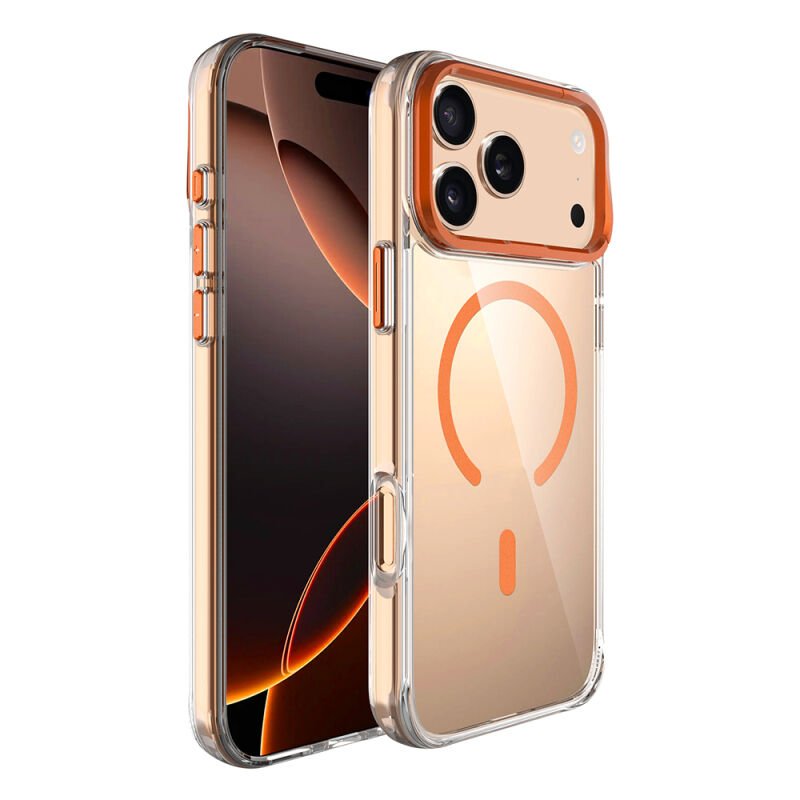 Apple iPhone 17 Pro Kılıf M-safe Şarj Özellikli Airbagli Kamera Standlı Zore Azor Kapak Turuncu