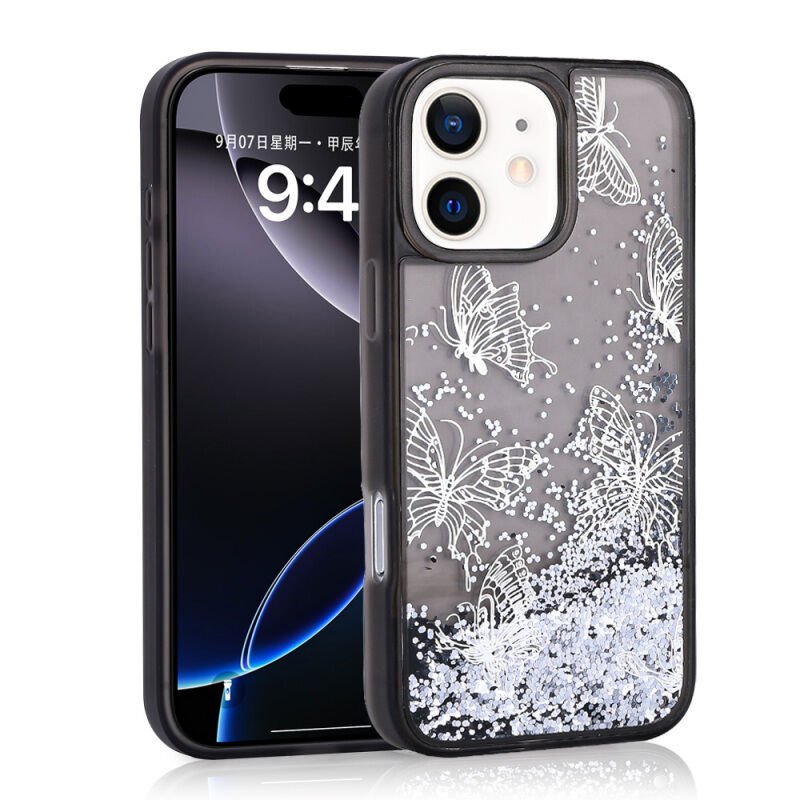 Apple iPhone 12 Kılıf Sıvılı Simli Kelebek Baskılı Şeffaf Arka Yüzey Zore Glis Silikon Kapak Siyah