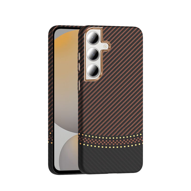 Galaxy S24 FE Kılıf M-safe Şarj Özellikli Karbon Fiber Görünümlü Zore Gros Kapak Gold-Siyah