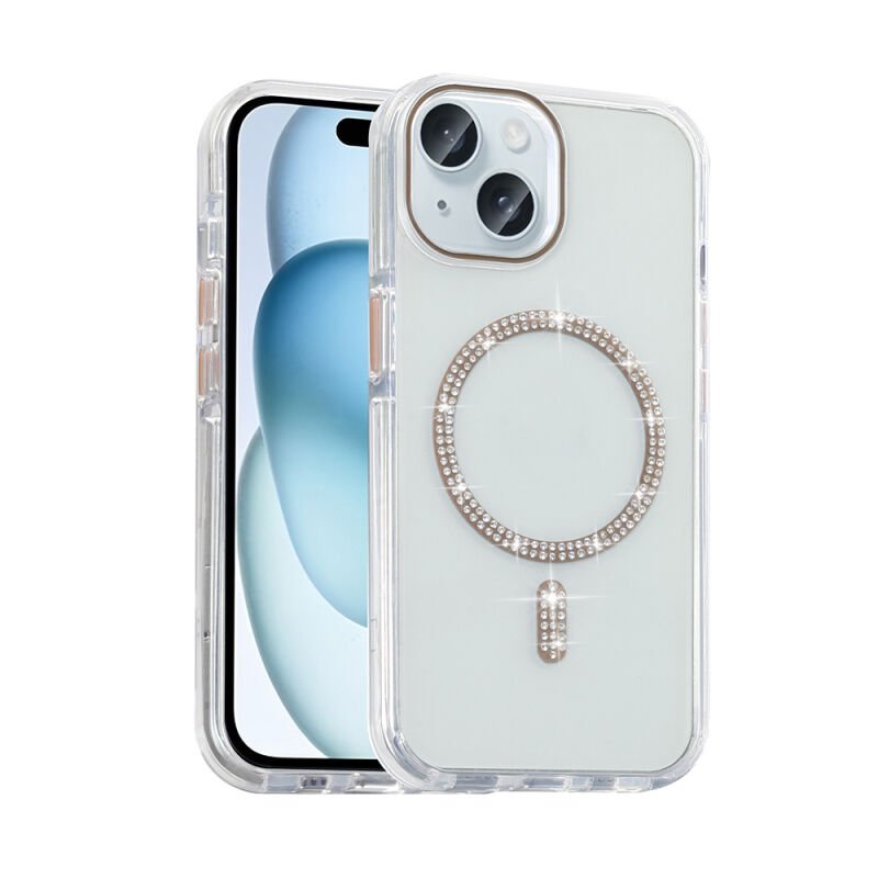 Apple iPhone 15 Plus Kılıf Taşlı Tasarım M-safe Şarj Özellikli Zore Koment Silikon Kapak