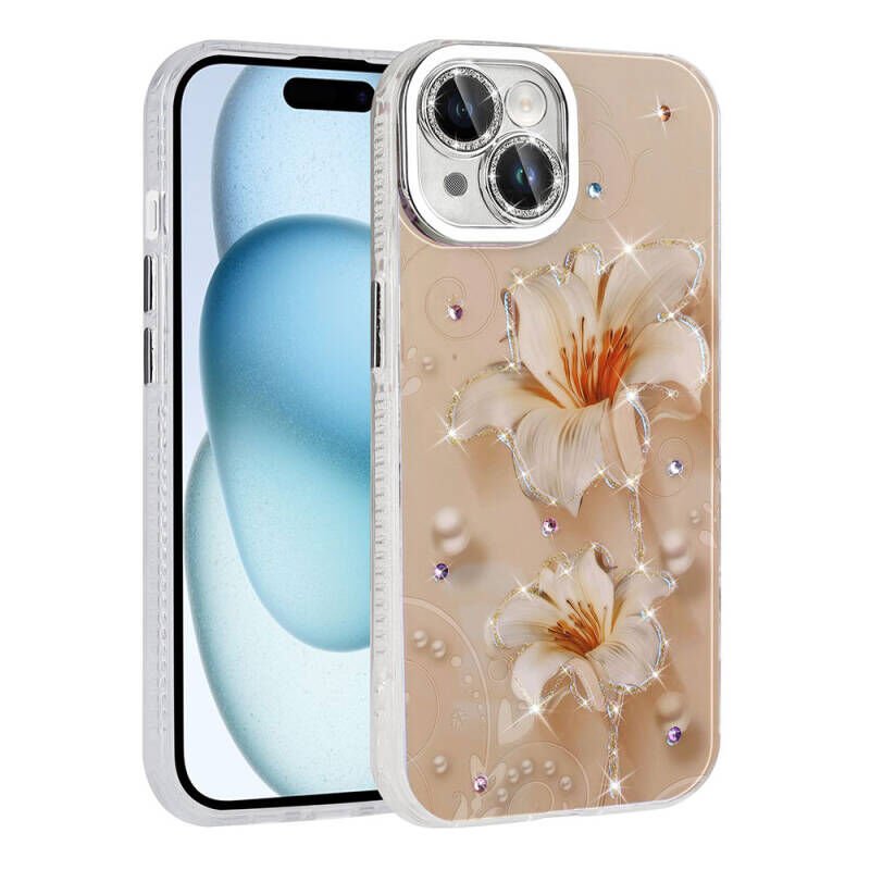 Apple iPhone 15 Kılıf Çiçek Desenli Parlak Taşlı Sert Silikon Zore Garden Kapak