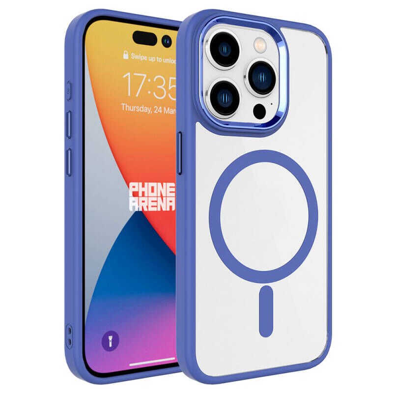 Apple iPhone 15 Pro Kılıf Wireless Şarj Özellikli Zore Krom M-safe Silikon Kapak Mavi