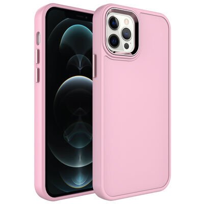 Apple iPhone 14 Pro Max Kılıf Metal Çerçeve ve Buton Tasarımlı Sert Zore Botox Kapak Açık Pembe