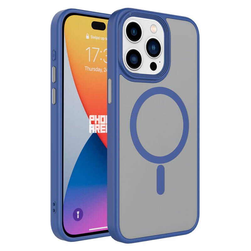 Apple iPhone 15 Pro Kılıf Mat Arka Yüzey Wireless Şarj Özellikli Zore Flet M-safe Kapak Mavi