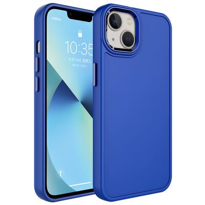 Apple iPhone 14 Kılıf Metal Çerçeve ve Buton Tasarımlı Sert Zore Botox Kapak Lacivert