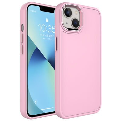 Apple iPhone 14 Kılıf Metal Çerçeve ve Buton Tasarımlı Sert Zore Botox Kapak Açık Pembe