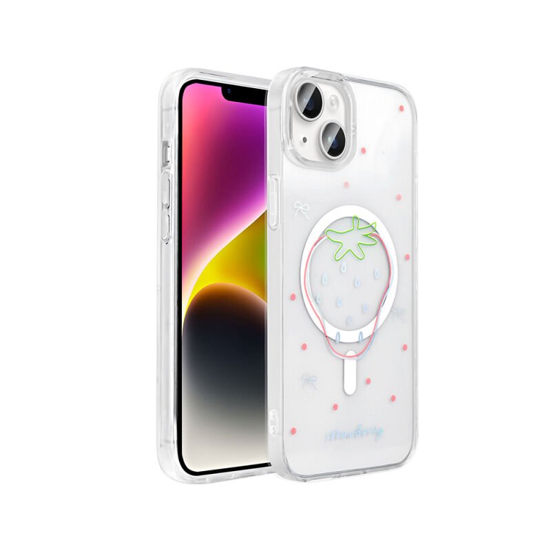 Apple iPhone 15 Plus Kılıf M-Safe Şarj Özellikli Şeffaf Zore Folk Sert Kapak Çilek