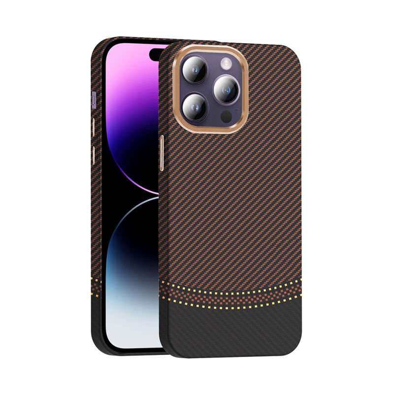 Apple iPhone 14 Pro Max Kılıf M-safe Şarj Özellikli Karbon Fiber Görünümlü Zore Gros Kapak Gold-Siyah