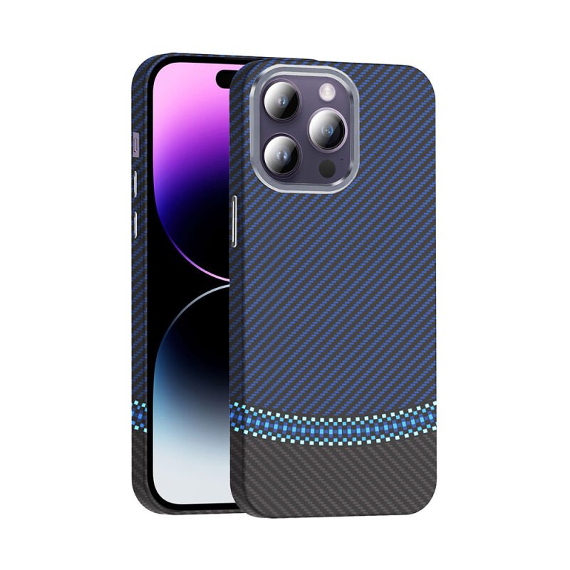 Apple iPhone 14 Pro Max Kılıf M-safe Şarj Özellikli Karbon Fiber Görünümlü Zore Gros Kapak Siyah-Lacivert