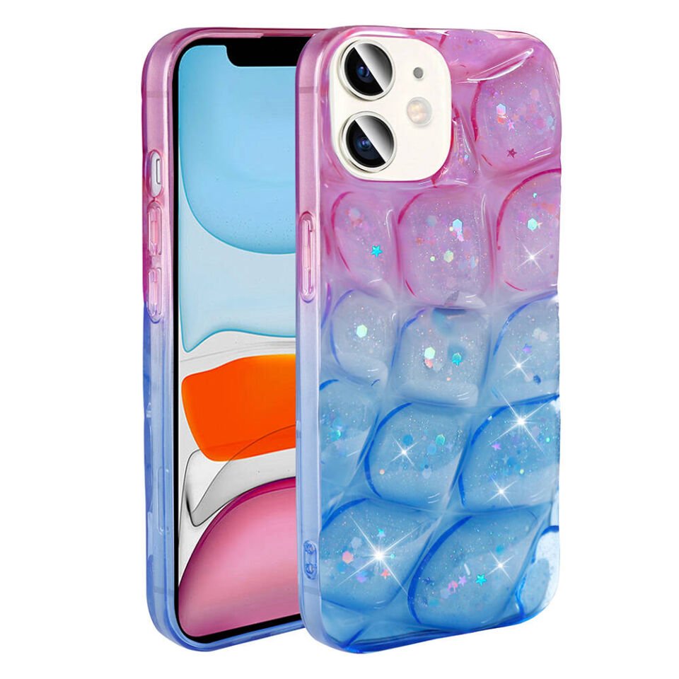 Apple iPhone 11 Kılıf Simli 3D Desenli Zore Hacar Kapak Pembe-Mavi