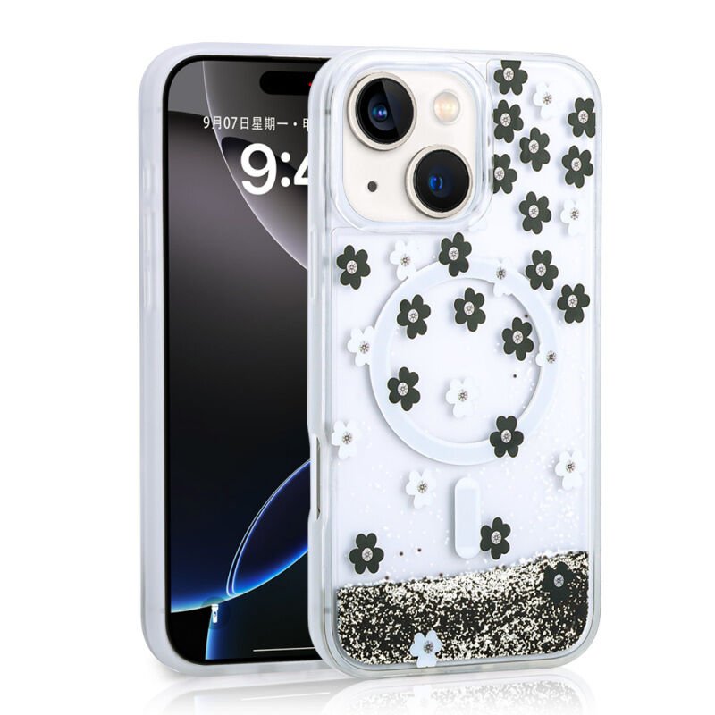 Apple iPhone 15 Kılıf Sıvılı Simli Baskılı Şeffaf Arka Yüzey Zore Mossa Silikon Kapak