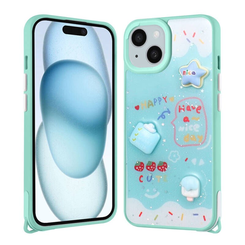 Apple iPhone 15 Plus Kılıf Parlayan Simli Kabartma Figürlü Zore Cevze Kapak Yeşil
