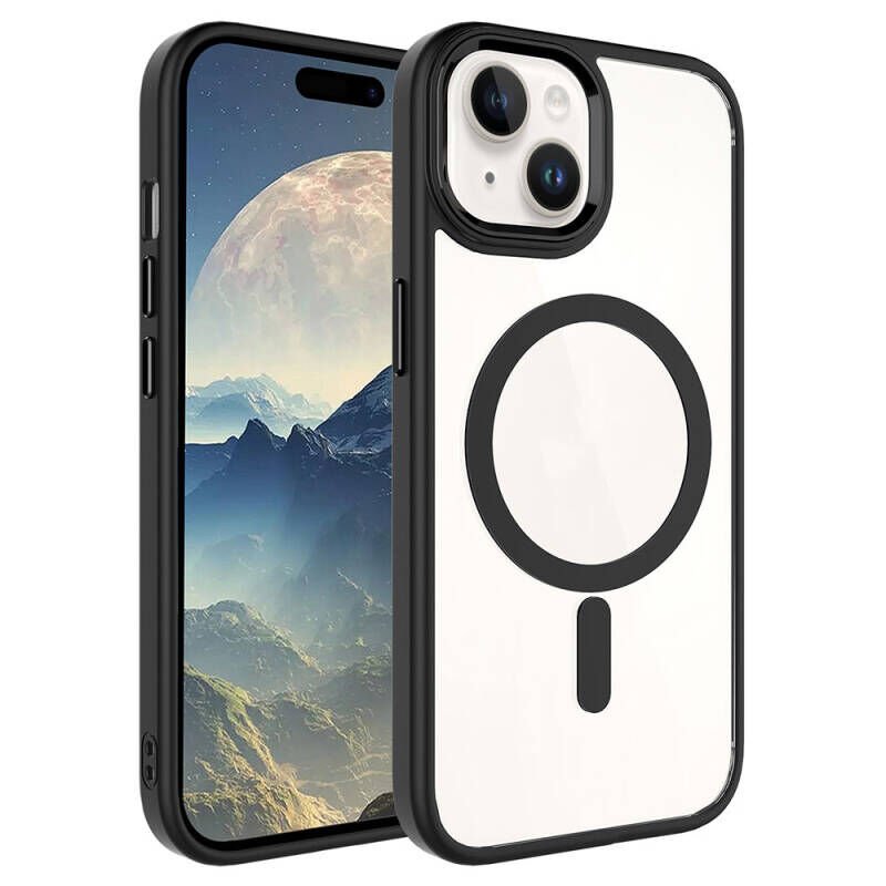 Apple iPhone 15 Kılıf Wireless Şarj Özellikli Zore Krom M-safe Silikon Kapak Siyah