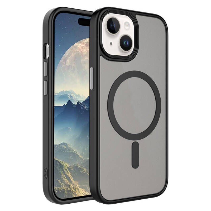 Apple iPhone 15 Kılıf Mat Arka Yüzey Wireless Şarj Özellikli Zore Flet M-safe Kapak Siyah