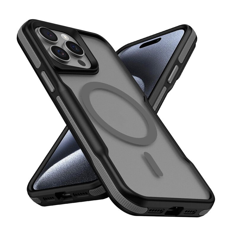 Apple iPhone 15 Pro Max Kılıf M-safe Şarj Özellikli Renkli Kenar Airbag Şeritli Zore Lamer Kapak Gri
