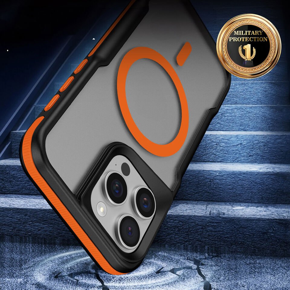 Apple iPhone 15 Pro Kılıf M-safe Şarj Özellikli Renkli Kenar Airbag Şeritli Zore Lamer Kapak Turuncu