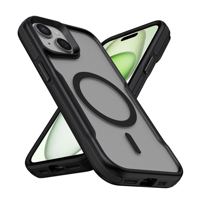 Apple iPhone 15 Plus Kılıf M-safe Şarj Özellikli Renkli Kenar Airbag Şeritli Zore Lamer Kapak Siyah