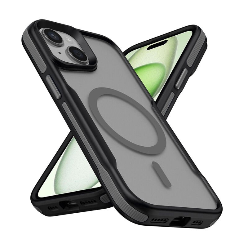 Apple iPhone 15 Kılıf M-safe Şarj Özellikli Renkli Kenar Airbag Şeritli Zore Lamer Kapak Gri