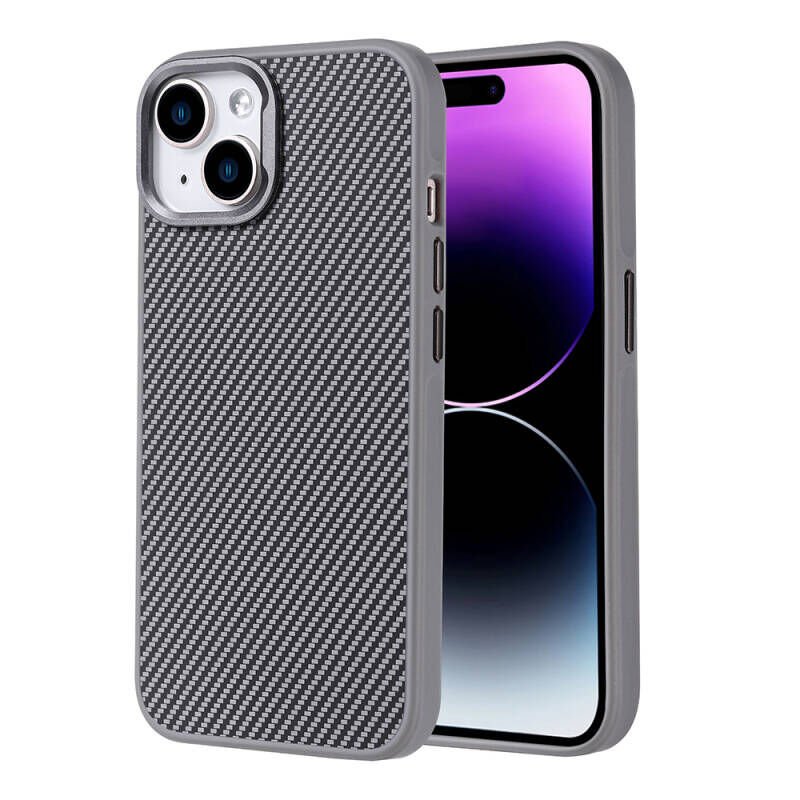 Apple iPhone 14 Kılıf M-safe Şarj Özellikli Karbon Fiber Görünümlü Zore Troy Kapak Gümüş