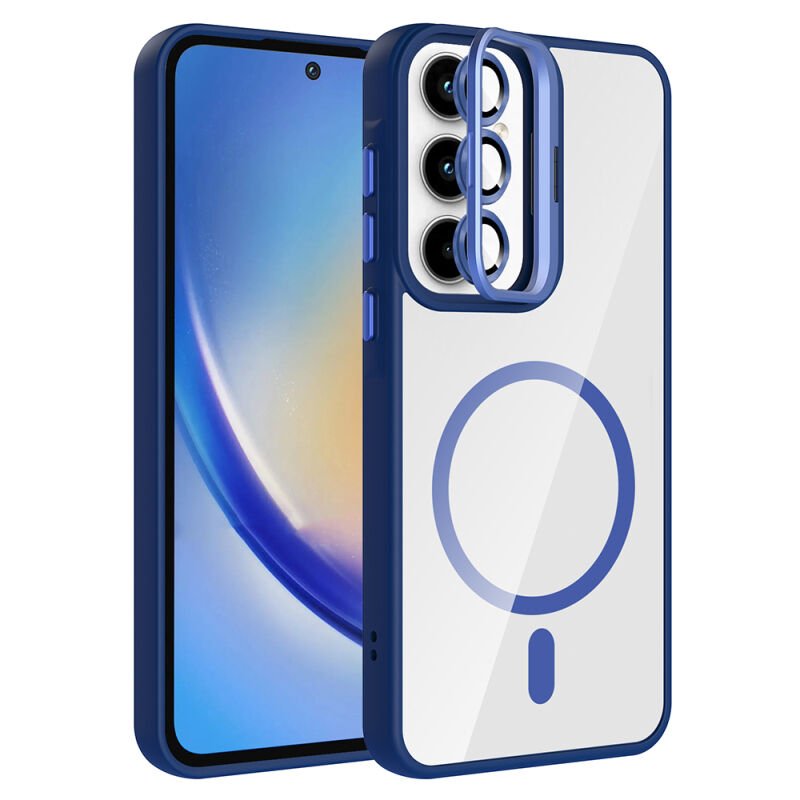 Galaxy A55 Kılıf Standlı ve Kamera Lens Hediyeli M-Safe Şarj Özellikli Zore Etro Kapak Lacivert
