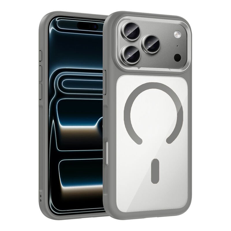 Apple iPhone 17 Pro Max Kılıf M-Safe Şarj Özellikli Metal Kamera Çerçeveli Zore Tiko Kapak Gri