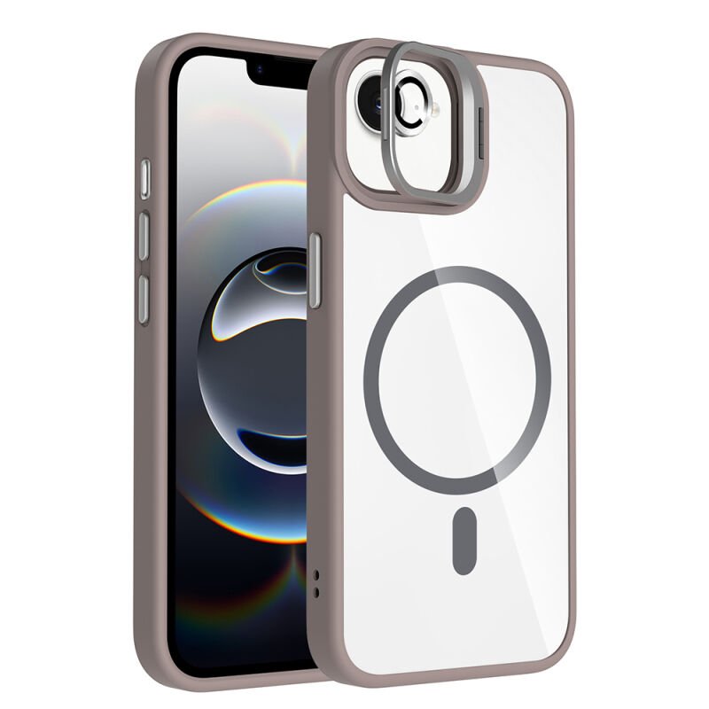 Apple iPhone 16E Kılıf Standlı ve Kamera Lens Hediyeli M-Safe Şarj Özellikli Zore Etro Kapak Gri