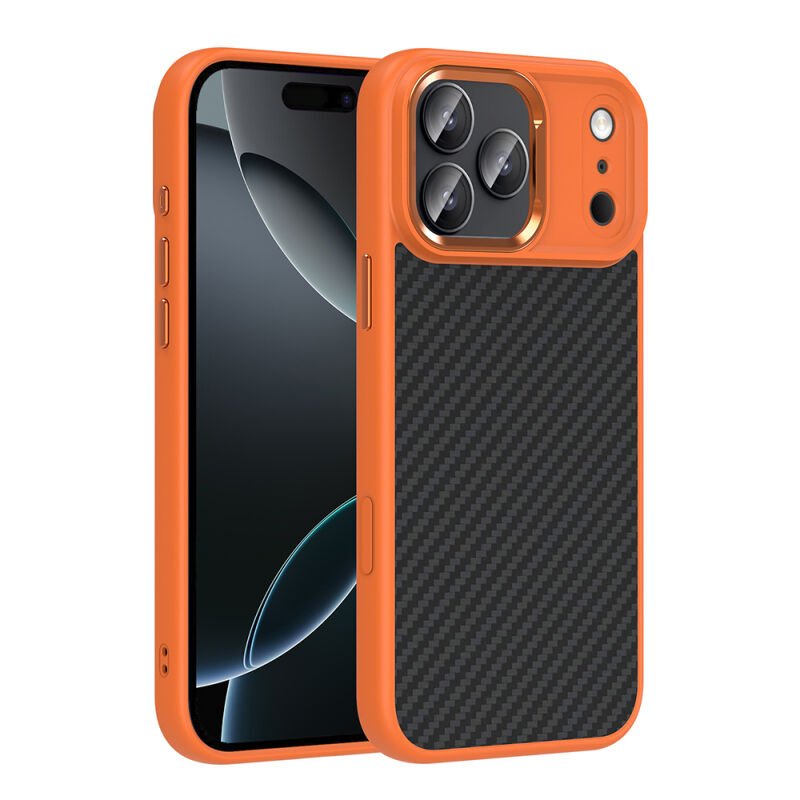 Apple iPhone 17 Pro Max Kılıf M-Safe Şarj Özellikli Karbon Fiber Görünümlü Zore Truva Silikon Kapak Turuncu