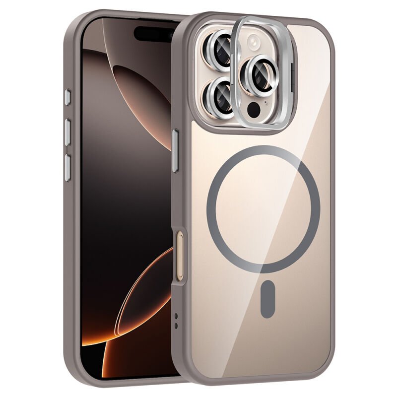 Apple iPhone 16 Pro Kılıf Standlı ve Kamera Lens Hediyeli M-Safe Şarj Özellikli Zore Etro Kapak Gri